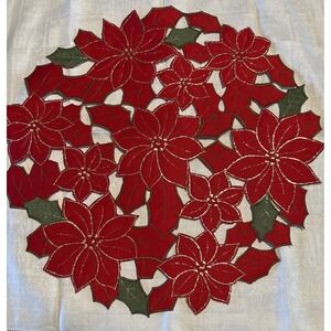 Set 4 Red & Green‎ Poinsettia Embroidered Christmas Table Mats Centerpiece 15"